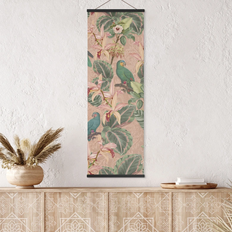 Stoffbild Dschungel mit Papageien Rosa - Bloomery Decor - Panorama 