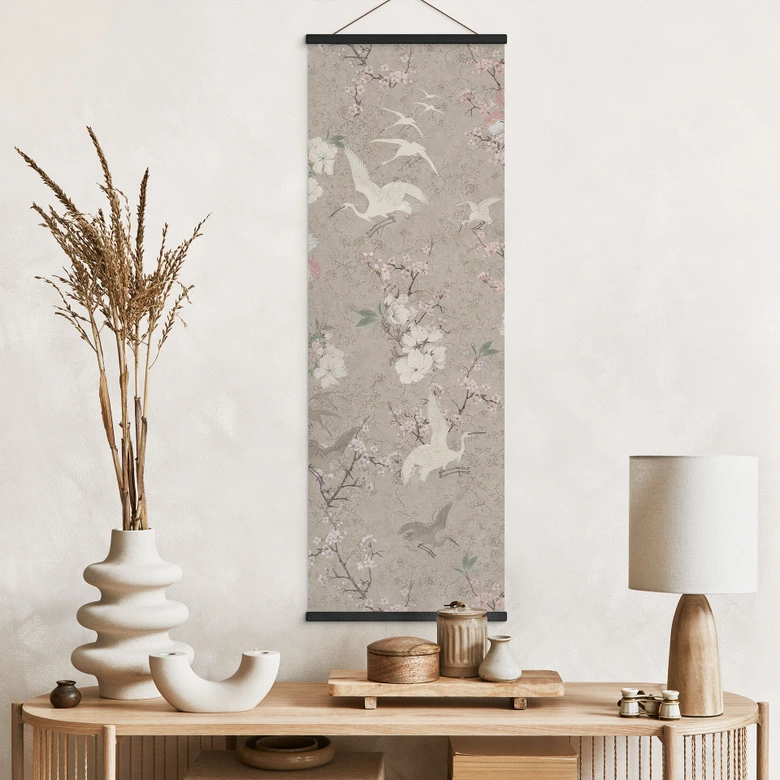 Stoffbild Kraniche im Kirschblüten-Rausch Beige - Bloomery Decor - Panorama 