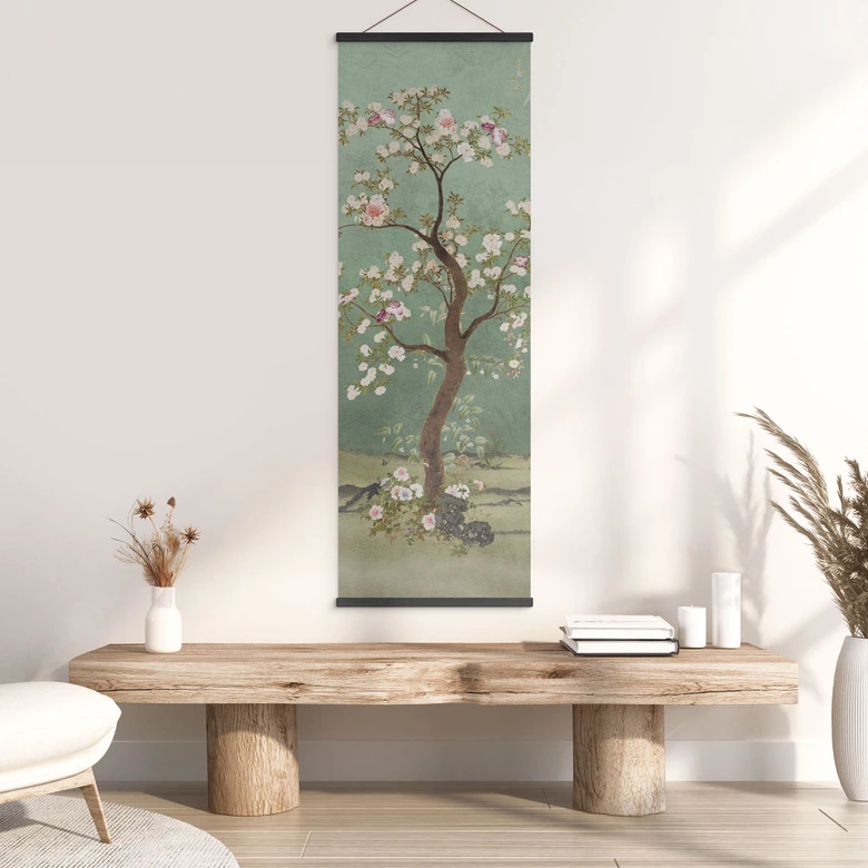 Stoffbild Kraniche in floraler Landschaft - Bloomery Decor - Panorama 