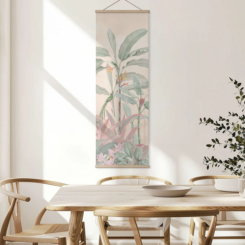 Stoffbild Tropische Idylle mit Kolibri Apricot - Bloomery Decor - Panorama 