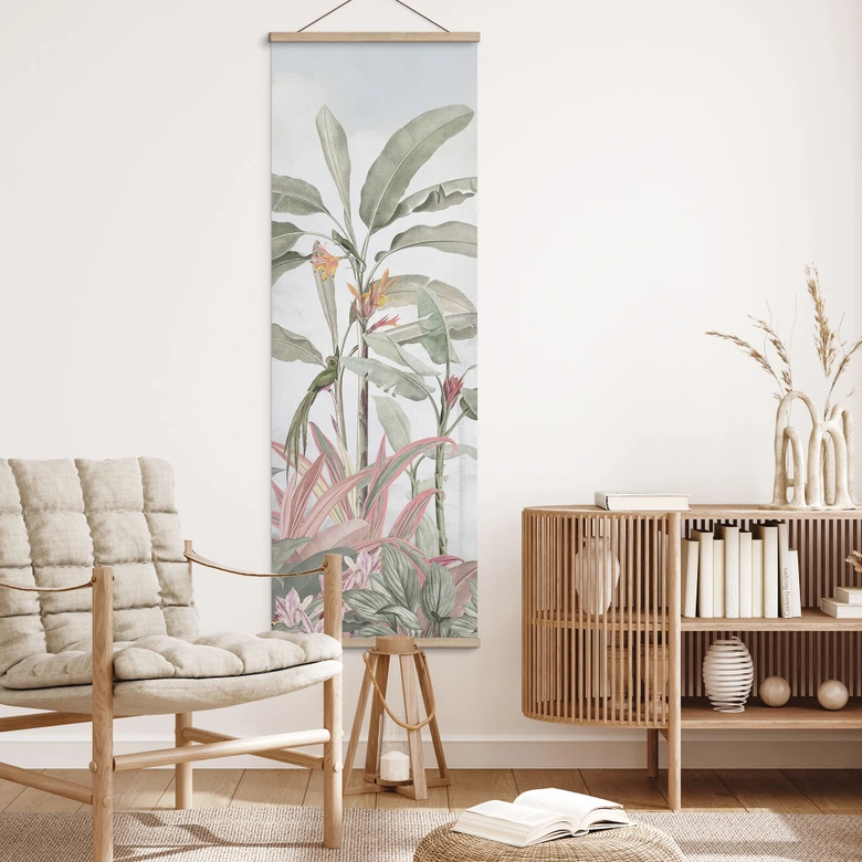 Stoffbild Tropische Idylle mit Kolibri Blau - Bloomery Decor - Panorama 