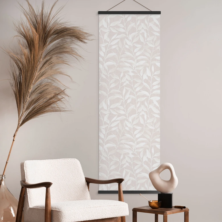 Póster de tela Hojas delicadas de acuarela - Beige suave - Decoración de flores - Panorama 