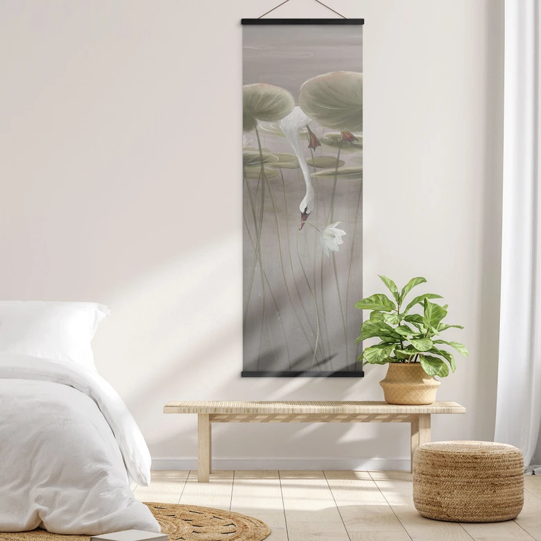 Stoffbild Lotusblumen mit Schwan im Wasser in Grau - Ms Tiff - Panorama 
