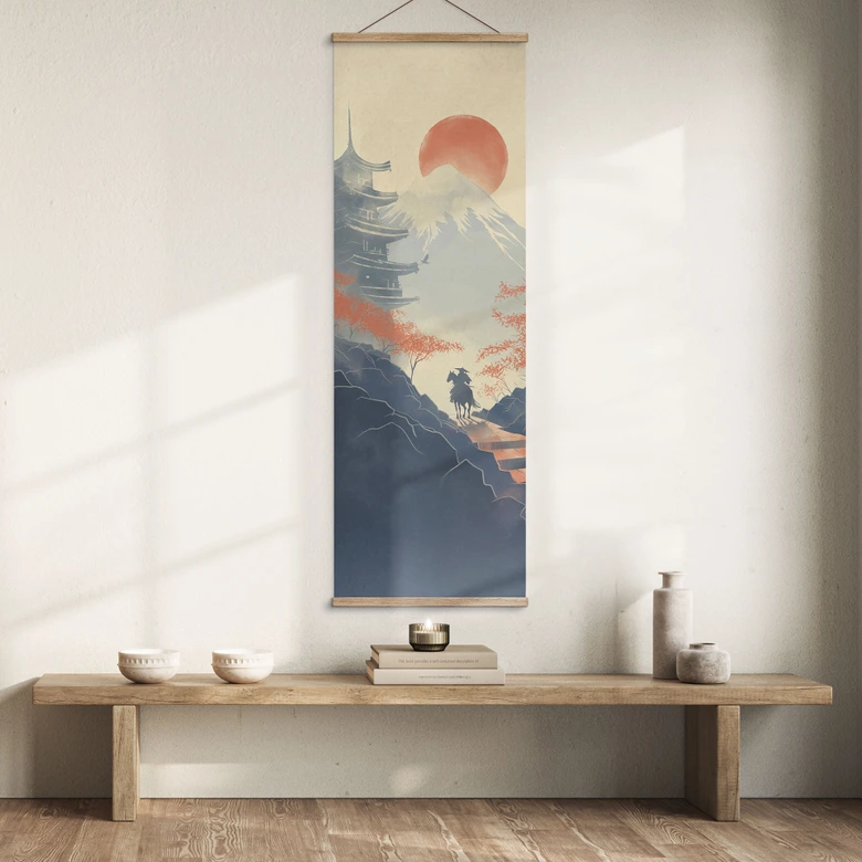 Obraz z tkaniny Wschód słońca nad pagodą - Roze | Vintage Art Japan - Panorama 