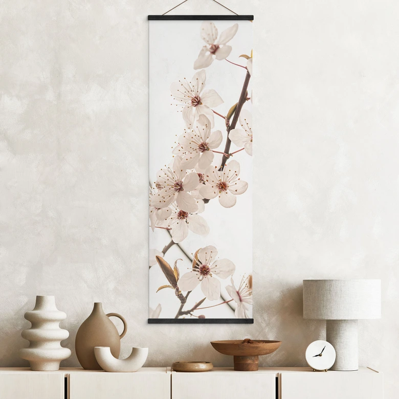 Affiche textile Branche avec fleurs de cerisier blanches - Sisi & Seb - Panorama 