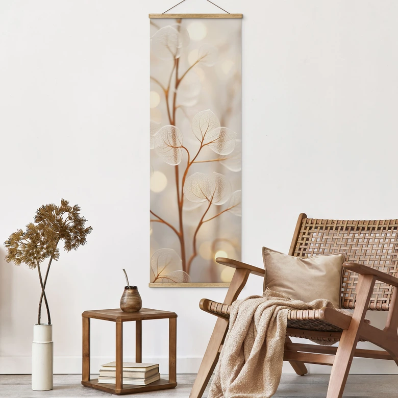 Obraz tkaniny Filigranowe liście beżowy - Treechild - Panorama 