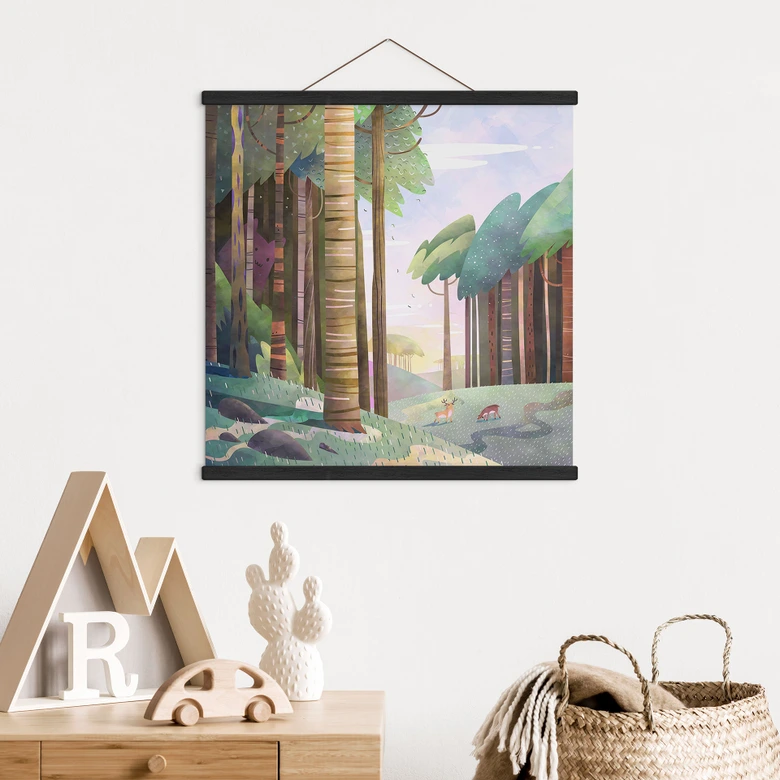 Stoffbild Sonniger Wald mit Hirsch - DigitalArtsi 