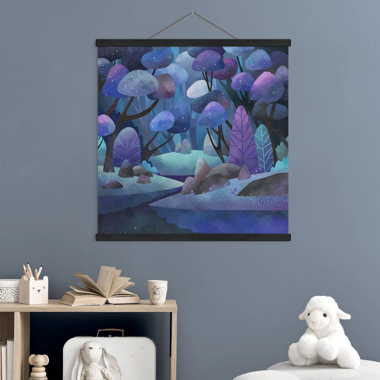 Textile poster enchanted forest in midnight blue - DigitalArtsi 