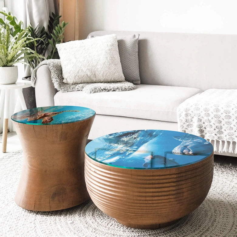 Tischplatte aus Glas - Dolphins Underwater - Rund 