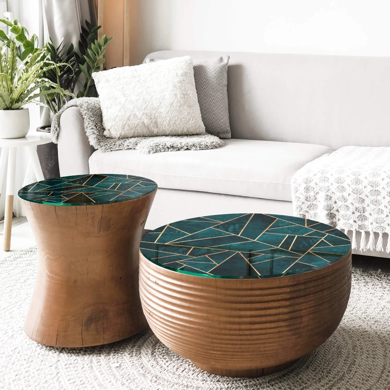 Glazen Tafelblad Rond - Fredriksson - Blue Green Emeralds 