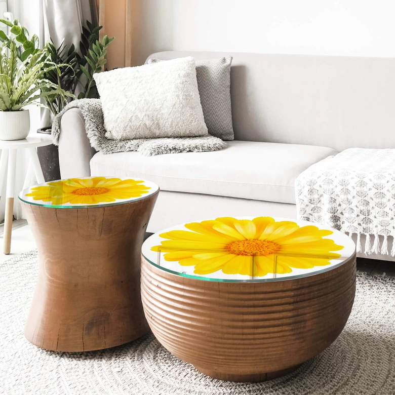Tischplatte aus Glas - Gerbera Gelb - Rund 