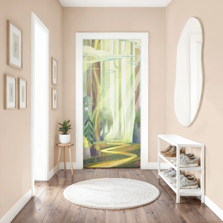 Türfolie Kinderzimmer - Verwunschener Wald im Licht - DigitalArtsi - Selbstklebende Türdeko 