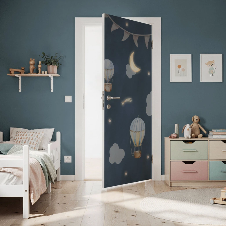 Door film children's room - Hot air balloons night - Kvilis - Self-adhesive door decoration 