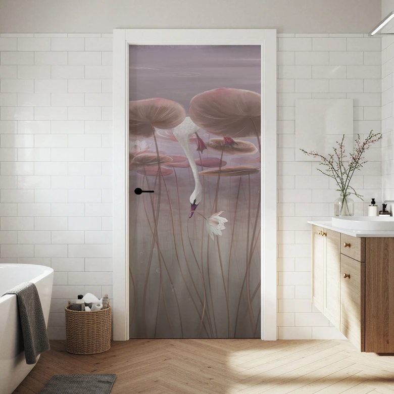 Deurfolie lotusbloemen met zwaan in water in donkerroze - Ms Tiff 