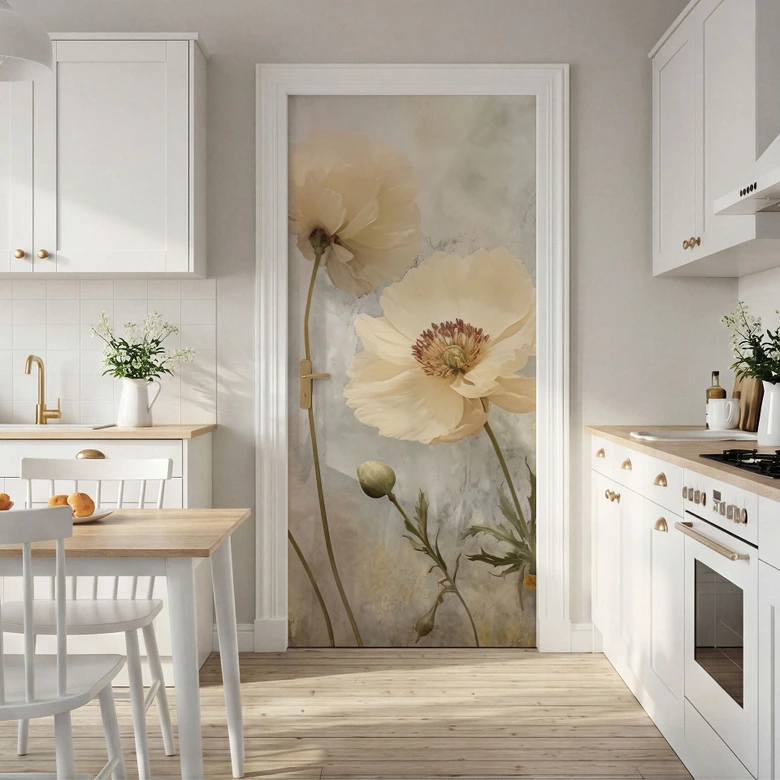 Deurfolie Bloemenpracht in warme pasteltinten - Paksoylu - Zelfklevende deurdecoratie 