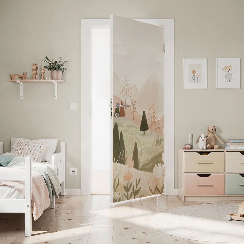 Deurfilm pastel berglandschap met bloemen - Treechild 