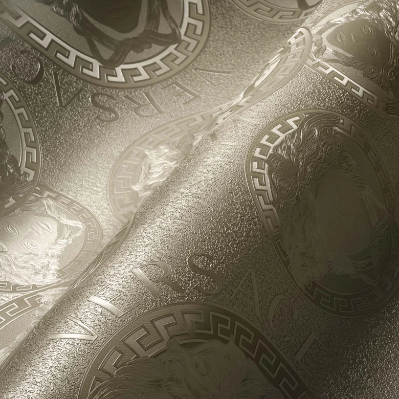 Versace Home Luxus Tapete Medus silberfarben Designertapete Medusakopf Silber glänzend 