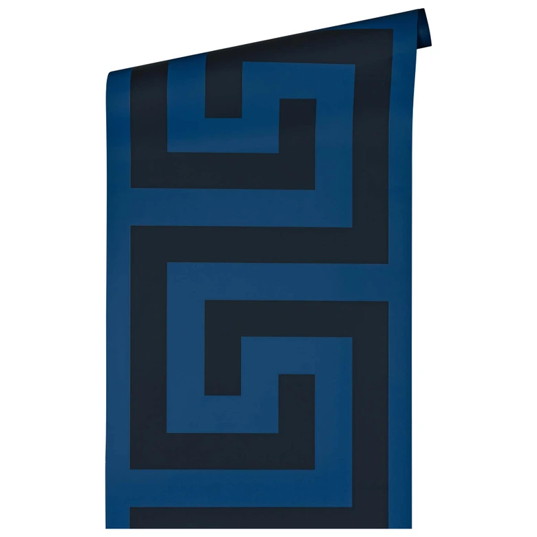 Papel pintado de lujo en tejido-no-tejido con Muestra de Meandros en Azul y Negro de Versace Home  