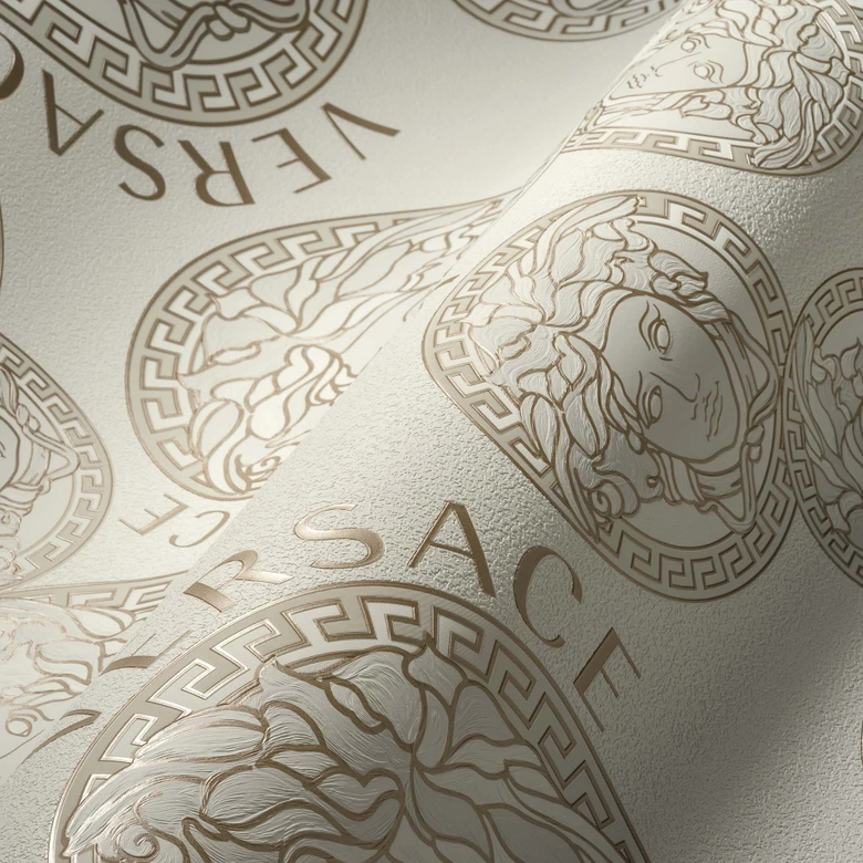 Versace Home papel pintado no tejido de color beige perla cabeza de medusa de diseño de lujo blanco 