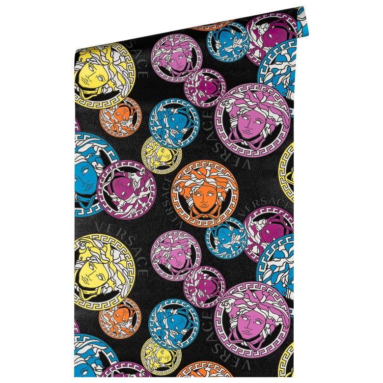 Versace Home Luxus Tapete Medusa Designer Vliestapete Bunt Schwarz Mustertapete 