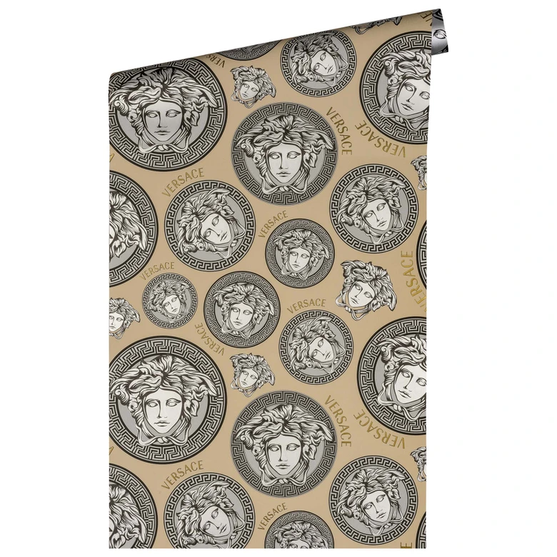 Versace Home Mustertapete Medusa-Köpfe Luxus Tapete Beige Silber Designer Vliestapete 