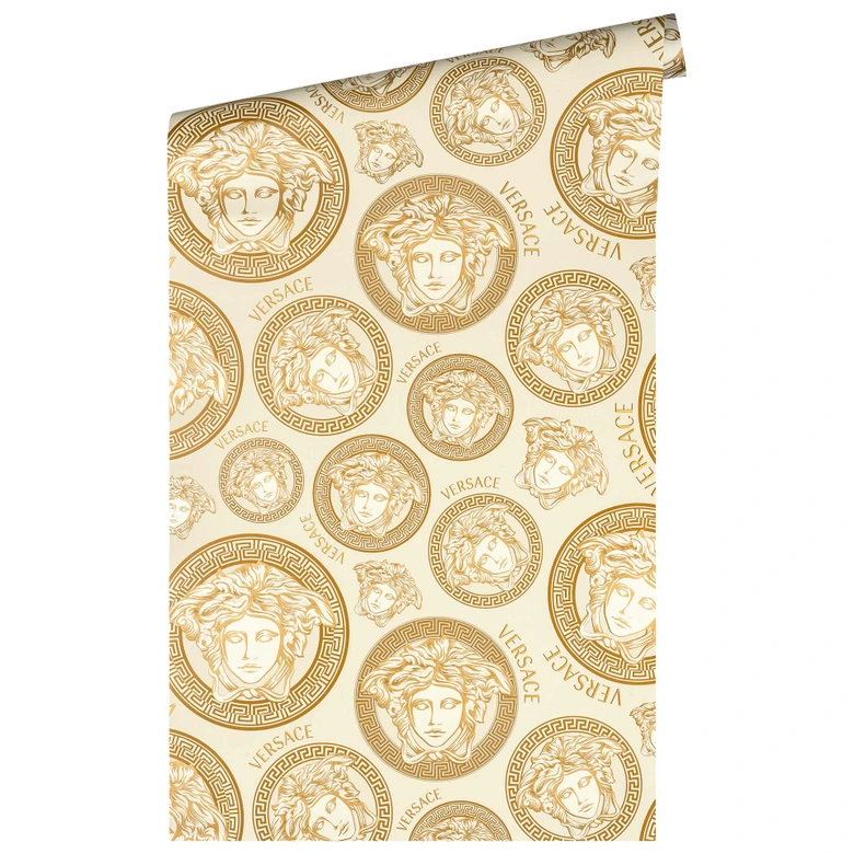 Versace Home Tapete Gold Weiß Luxus Vliestapete Medusa Kopf Designer Mustertapete  