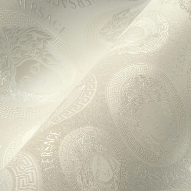 Versace Home strukturierte Luxus Tapete Weiß mit Medusakopf goldfarbene Vliestapete 