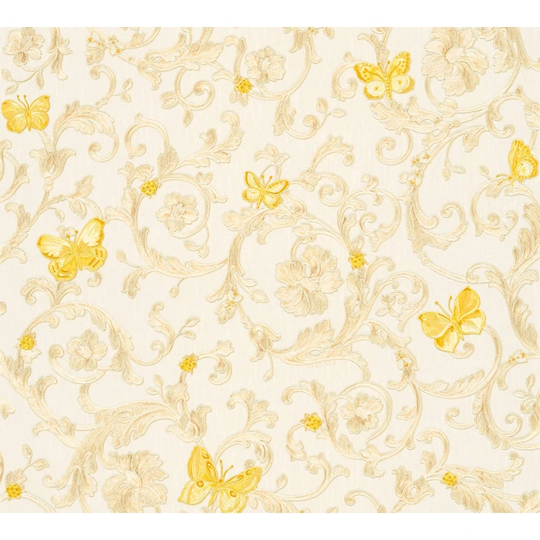 Versace wallpaper Vliestapete Butterfly Barocco Barocktapete mit Ornamenten silber, gelb, creme 