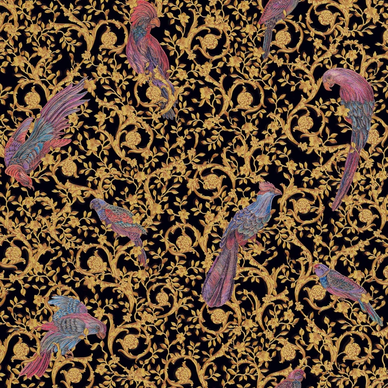 Versace wallpaper Vliestapete Barocco Birds Barocktapete mit Vögeln gold, schwarz, gelb 