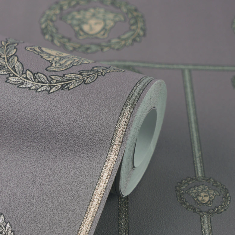 Versace Vliestapete Sockelbordüre Medusakopf Grau Schwarz Silber Metallic 