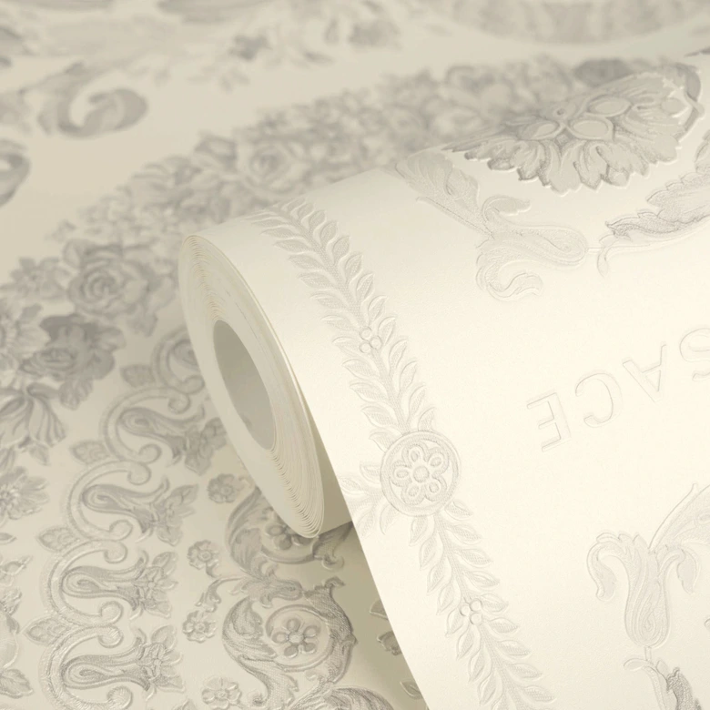 Versace non-woven wallpaper Heritage Baroque Medallion Floral White Grey luxurious elegant 