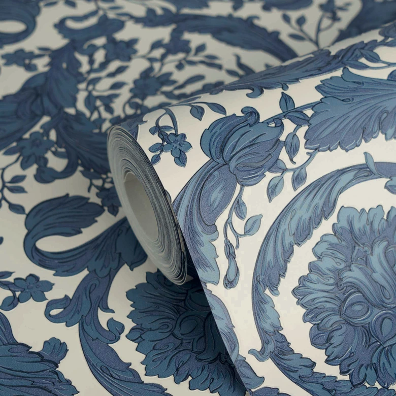 Versace non-woven wallpaper Barocco Neo classic floral tendrils blue white elegant 