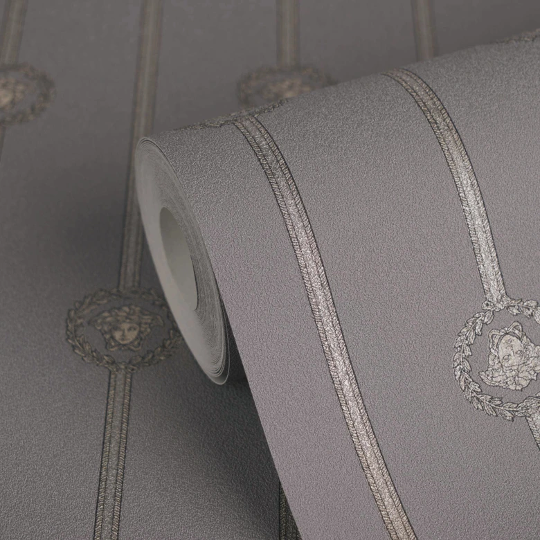 Versace non-woven wallpaper I Love Baroque stripes Medusa taupe silver luxurious 