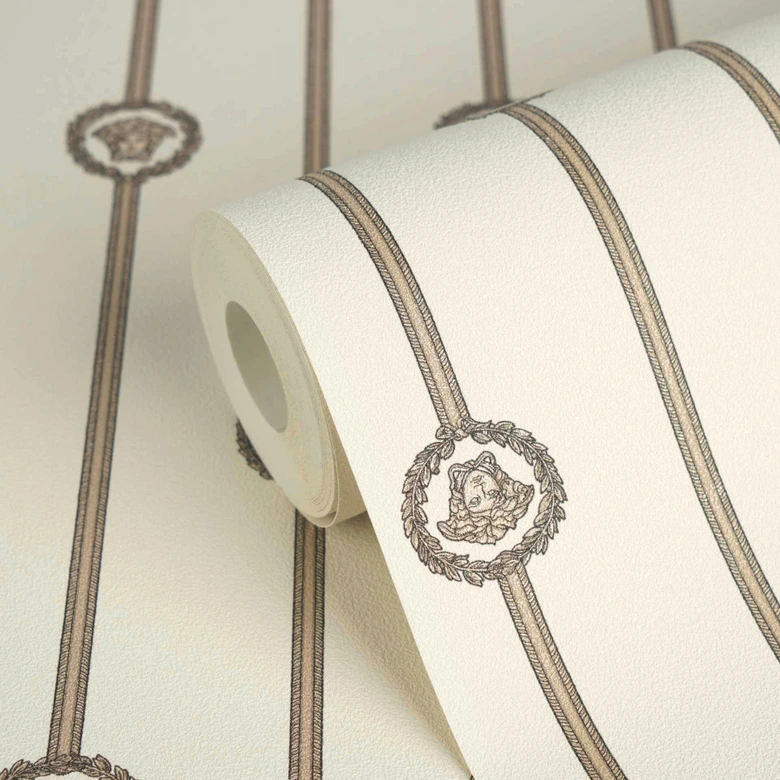 Versace non-woven wallpaper I Love Baroque stripes Medusa White Taupe luxurious 