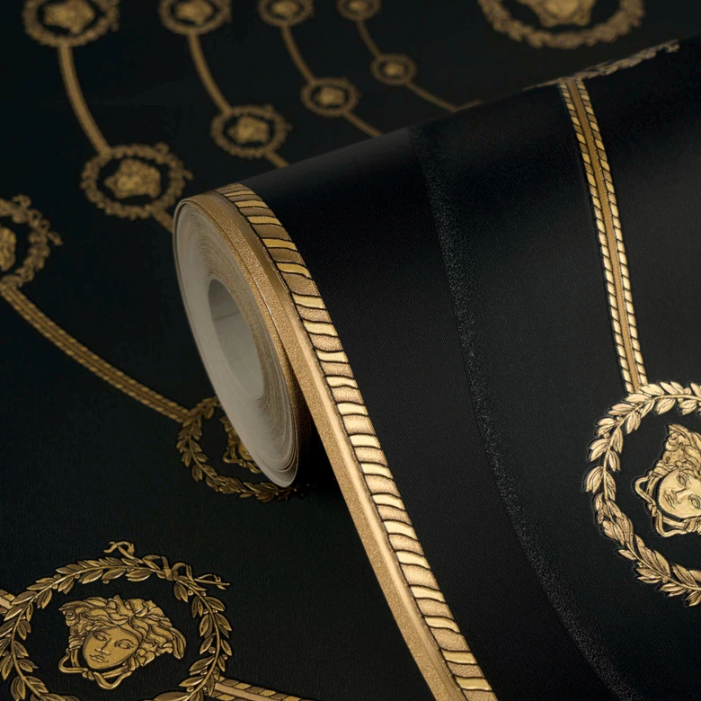 Versace ikke-vævet tapet I Love Baroque Medusa Circles Black Gold luksuriøst 
