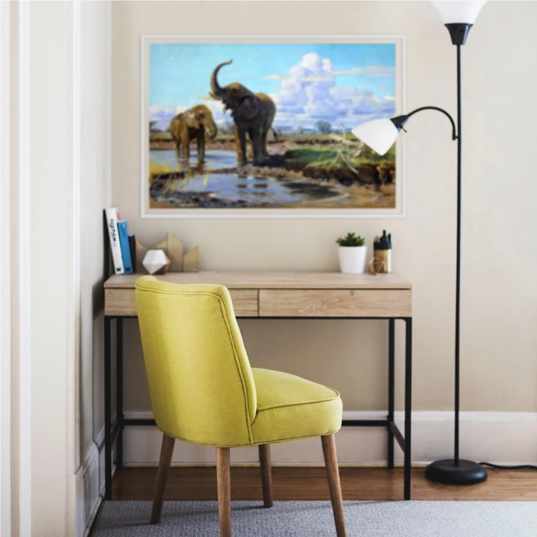 Wallprint - Kuhnert - Elefanten an der Wasserstelle 