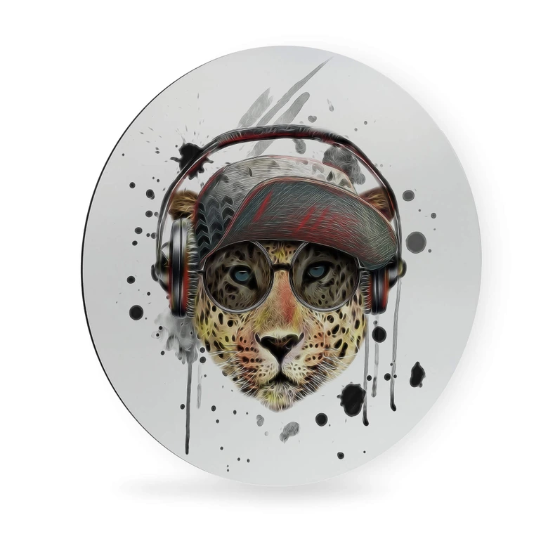 Alu-Dibond Wall Circle Leopard with Head Phones 