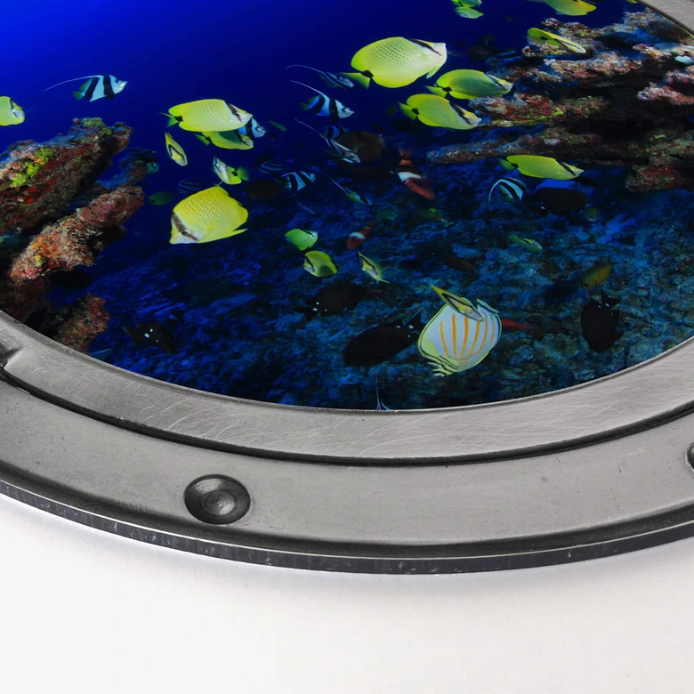 Alu-Dibond 3D-Optik Bullauge - Bunte Unterwasserwelt - neongelbe Fische - Rund 