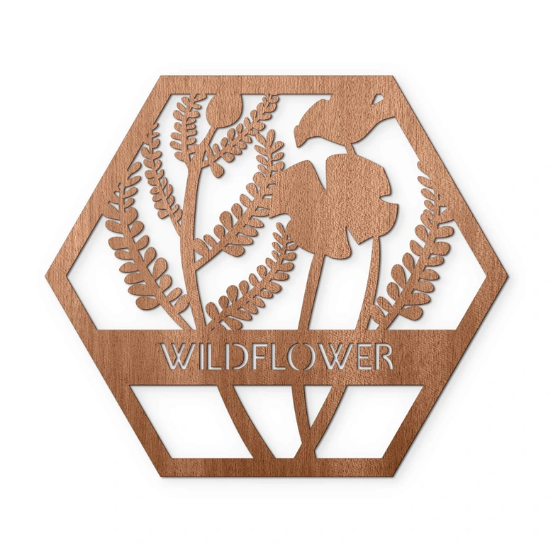 Holzdeko Mahagoni - Blumen im Hexagon - Wildflower 