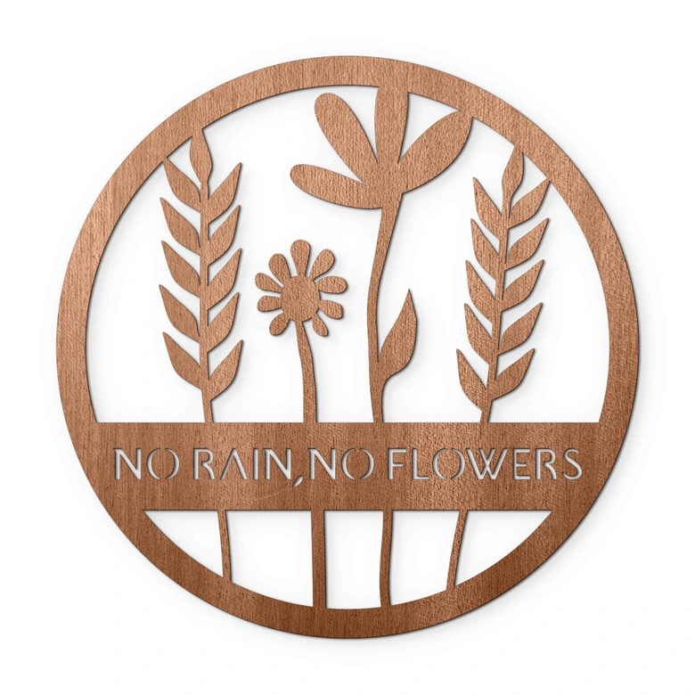 Decoración en madera caoba - Flores en círculo - No Rain - No Flowers 