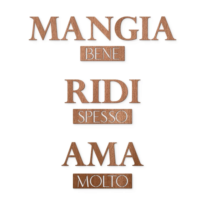 Décoration murale en bois placage d'acajou - Mangia bene, Ridi spesso, Ama 