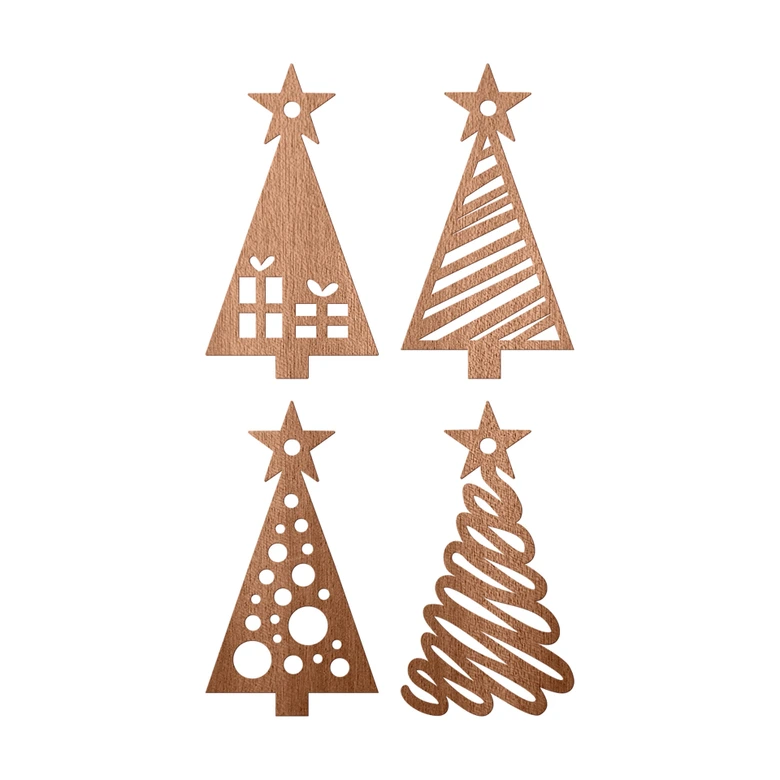 Holzdeko Weihnachten - Tannenbaum mit Muster 4er Set - Mahagoniholz 
