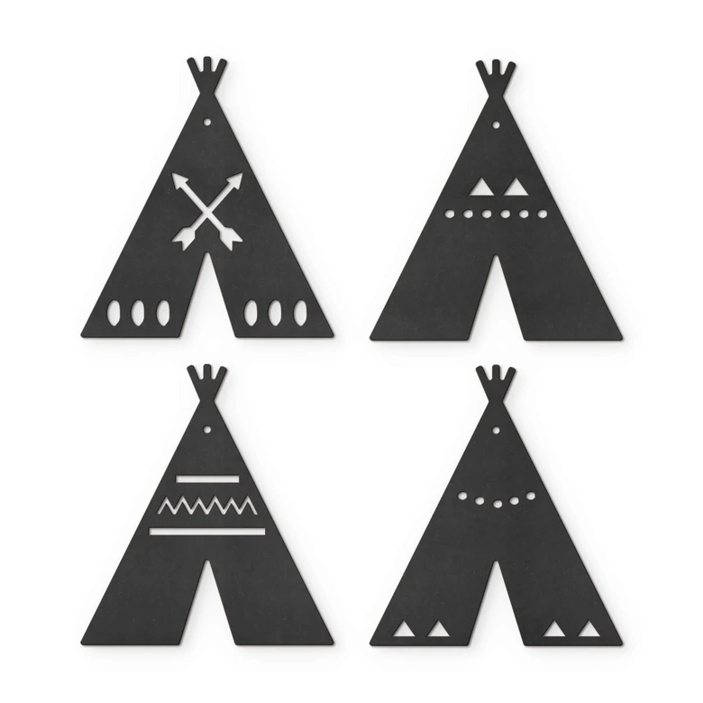 MDF - Holzdeko - Wimpelkette Tipi (4er Set) inkl. Baumwollseil 
