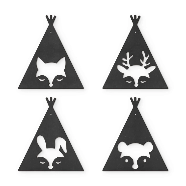 MDF - Dekoracja drewniana - łańcuszek z proporczykami - zestaw 4 zwierzątek wraz z bawełnianym sznurkiem 