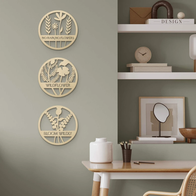 Väggdekorationer i trä av poppel - Blommor i cirkel - Vildblomma 