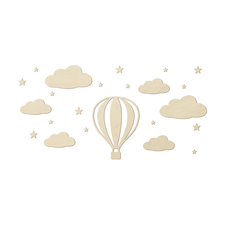 Decoración de pared para habitación infantil globo aerostático con nubes y estrellas - madera de álamo 