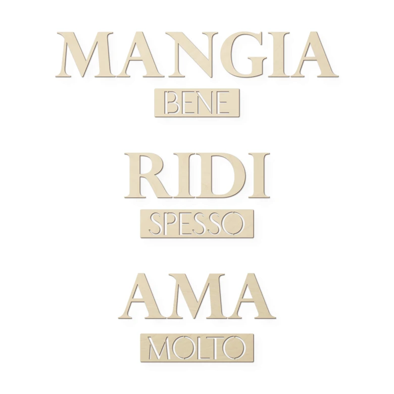 Wanddecoratie Populierenhout Mangia bene, Ridi spesso, Ama 