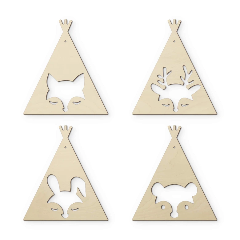 Decoración en madera álamo - cadena de banderines tipi animales set de 4 incl. cuerda de algodón 