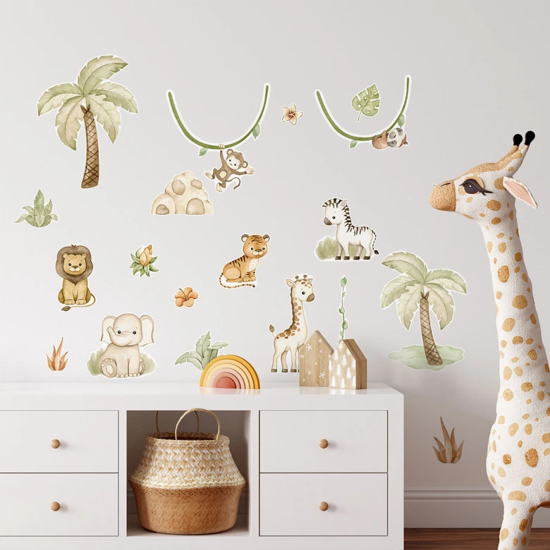 Sticker mural | Autocollants muraux pour enfants - Animaux mignons sous les palmiers - Oliver Robins - 50x70 cm 