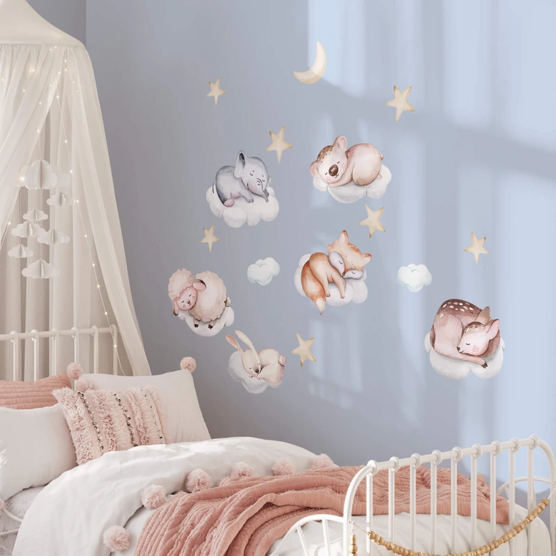Kinderzimmer Wandtattoo Auf Wolken schlafende Tiere mit Mond und Sternen (16-teilig) - Kvilis 